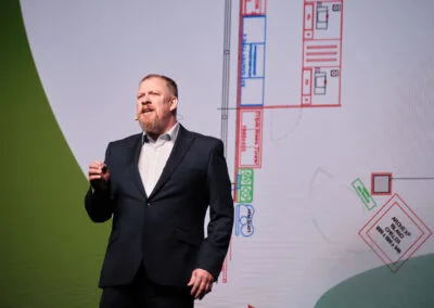 A photograph of a senior leader within A.F.Blakemore & Son Ltd presenting to the room of attendees at Telford International Centre at the regional SPAR Retail Show 2024