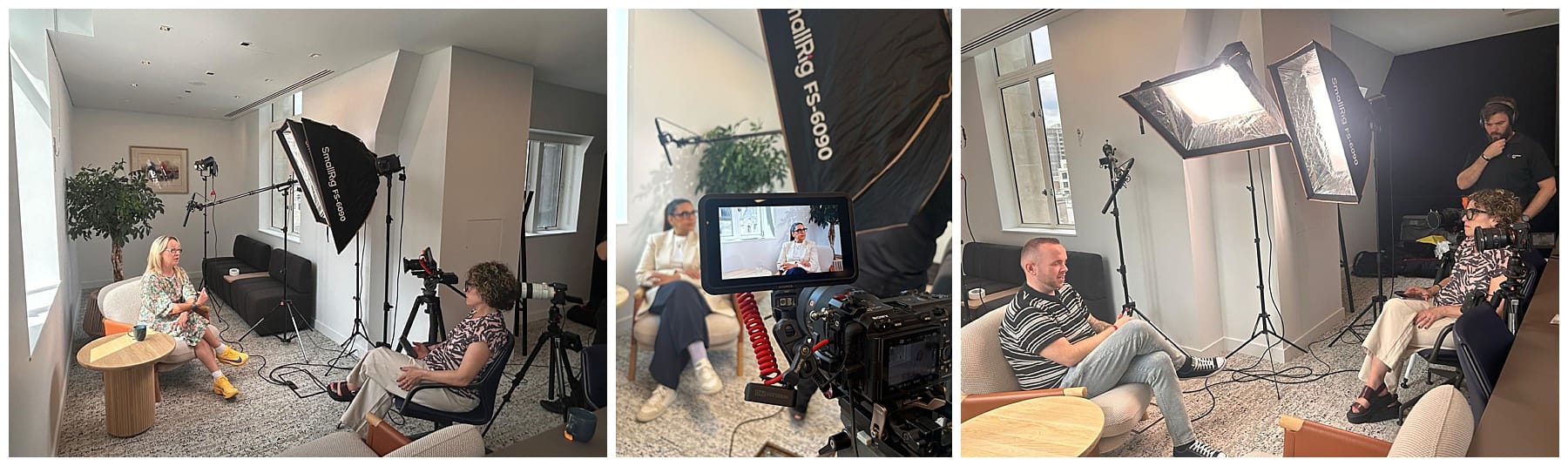Fractional content producer running a two-camera interview shoot for a B2B client